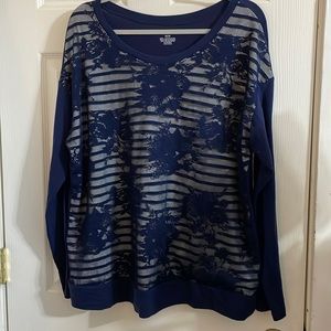 Lane Bryant Dark Blue Top Long Sleeve Lined Lace Floral Front Size 18/20